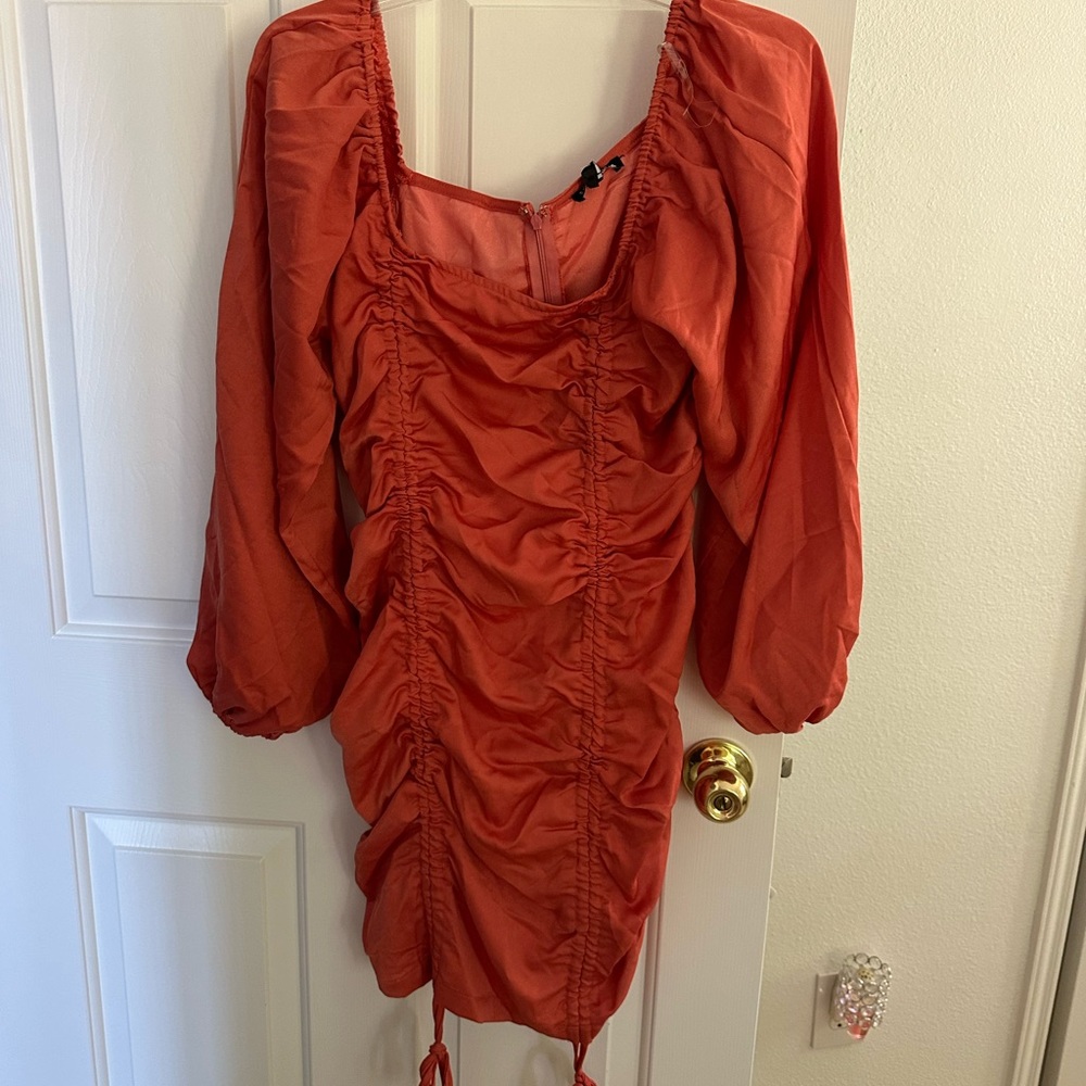 Ruched Mini Dress - Rust Orange